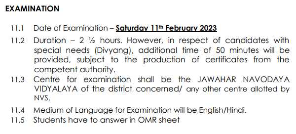 Exam Date and TIme for Navodaya School Selection Test Class 9 / JAWAHAR NAVODAYA VIDYALAYA SELECTION TEST JNVST FOR ADMISSION IN CLASS IX 9