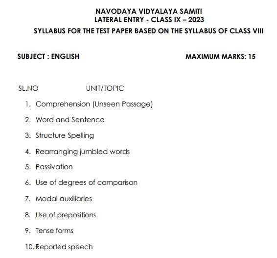 English Subject Exam Syllabus for Navodaya School Selection Test Class 9 / JAWAHAR NAVODAYA VIDYALAYA SELECTION TEST JNVST FOR ADMISSION IN CLASS IX 9